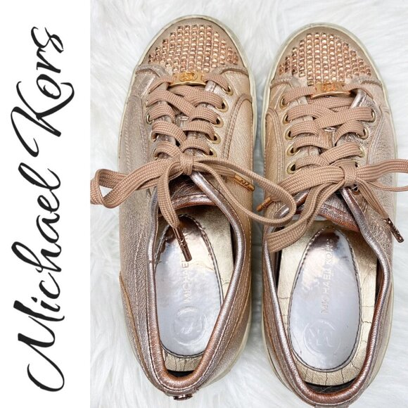 MICHAEL KORS ROSE GOLD METALLIC STUDDED LOW TOP LEATHER SNEAKERS, SIZE 6.5 - Picture 12 of 12